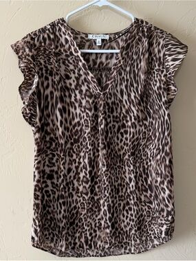 Chaus Brown Leopard-Print V-Neck Cap Sleeve Blouse